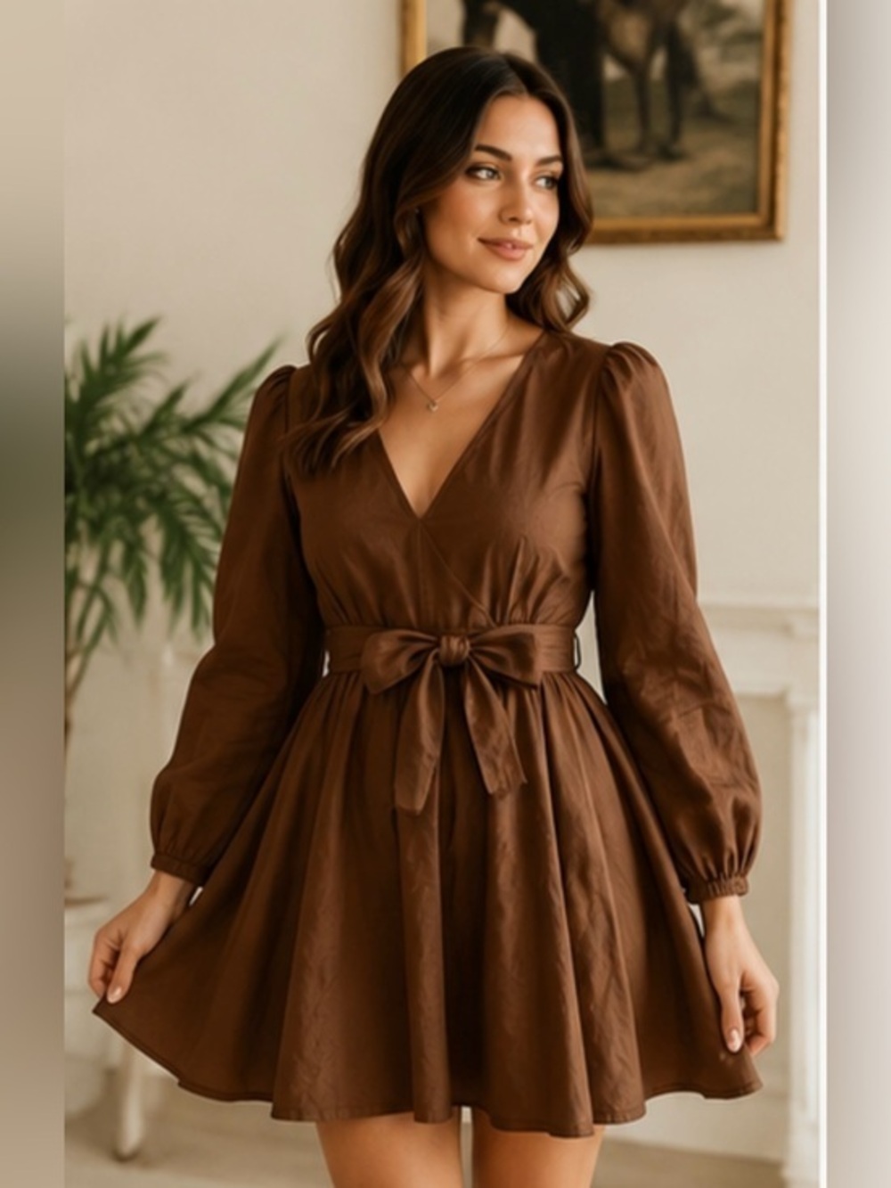 LaRoque Original Brown 100% Cotton Puff Sleeve Fit & Flare Mini Dress Size Large